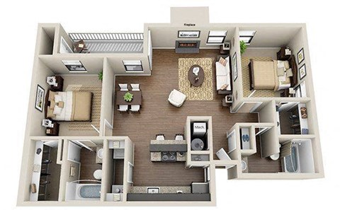 Floor plan for 2 beds, 2 baths, 1142 sqft